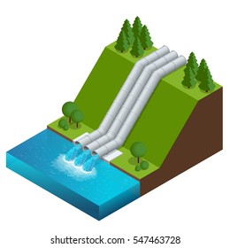 Dirty waste water. Discharge of liquid chemical waste. The danger for the environment. Flat 3d isometric illustration. For infographics and design