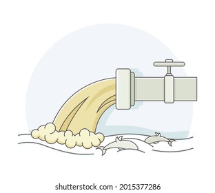 Dirty Wastewater Emission from Pipe Pouring Into Ocean Line Vector Illustration