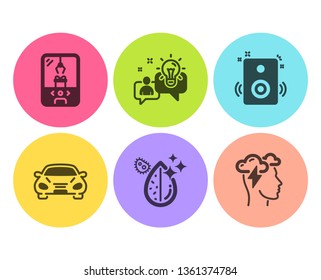 Dirty water, Crane claw machine and Speakers icons simple set. Idea, Car and Mindfulness stress signs. Aqua drop, Attraction park. Technology set. Flat dirty water icon. Circle button. Vector