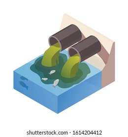 Dirty Water Drain From The Pipe Polution The River, Ocean. Water Pollution Concept. The Danger For The Environment. Flat 3d Isometric Illustration