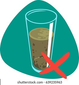 Dirty Water In Drinking Glass With Red Cross Mark. Isolated. On Green Background.