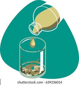 Dirty water drop falling into dirty glass. Short glass with sludge. Isolated. On green background.