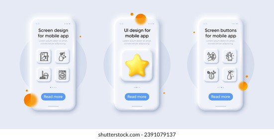 Dirty water, Dryer machine and Bucket with mop line icons pack. 3d phone mockups with star. Glass smartphone screen. Dirty mask, Clean bubbles, Washing cleanser web icon. Vector