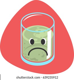 Dirty Water In Glass With Unhappy Emoticon. Short Glass. Isolated. On Red Background.