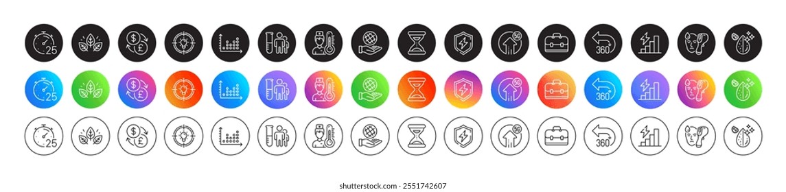 Dirty water, Idea and Organic tested line icons. Round icon gradient buttons. Pack of Portfolio, Thermometer, Time icon. Electronic thermometer, 5g upload, 360 degrees pictogram. Vector