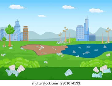 Dirty water reservoir with dead fish vector illustration. Large city or enterprise polluting environment with plastic, water level falling. Climate change, drought, fish shortage concept