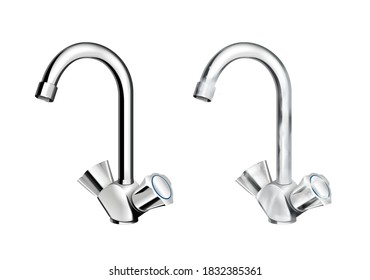 Dirty water steel chrome plated faucets with mixer realistic set on white background isolated vector illustration