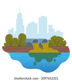 Dirty water stems from the pipe polluting the river. Discharge of liquid chemical waste. City in the background. The danger for the environment. Flat vector illustration for infographics