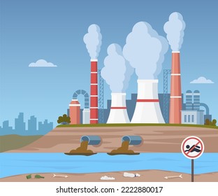 Dirty water stems from the pipe polluting the river. Discharge of liquid chemical waste. Factory in the background. The danger for the environment. Flat vector illustration for infographics