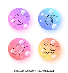 Dirty water, Travel sea and Moon minimal line icons. 3d spheres or balls buttons. Almond nut icons. For web, application, printing. Aqua drop, Summer holidays, Night dream. Vegetarian food. Vector