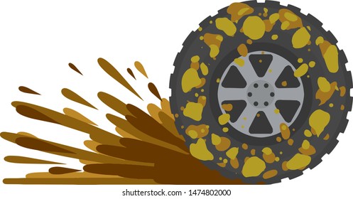 Dirty wheel of the truck. Off-road driving. ground on tire. Car wash symbol. Garbage and dirt. Cartoon flat illustration