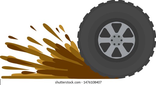 Dirty wheel of the truck. Off-road driving. ground on tire. Car wash symbol. Garbage and dirt. Cartoon flat illustration