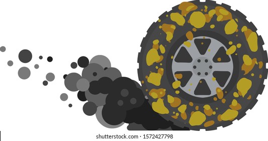 Dirty wheel of truck. Off-road driving. ground on tire. Car wash symbol. Garbage and dirt. Cartoon flat illustration. Black smoke