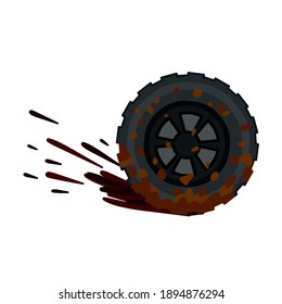 Dirty wheel of the truck. Off-road driving. ground on tire. Garbage and dirt. Cartoon flat illustration. Car wash symbol