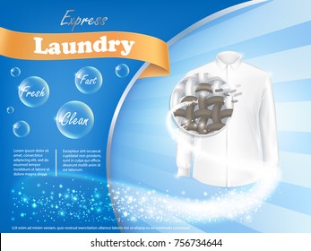 Dirty white shirt with close-up of fiber structure and soap bubbles on blue background, vector realistic banner . Mockup package design laundry detergent ad