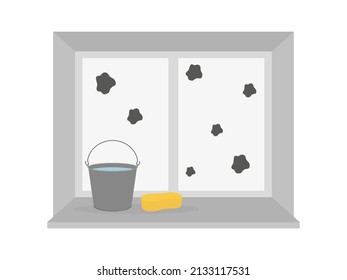 Dirty window and bucket of water with a sponge on the windowsill on a white background