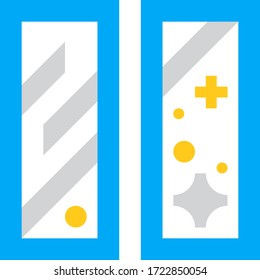 Ventanas sucias. Limpiando. Icono Shine.Vector. Color gris, azul y amarillo.