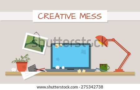Dirty work table. Creative mess. Disorder in the interior. Table before cleaning. Flat style vector illustration.