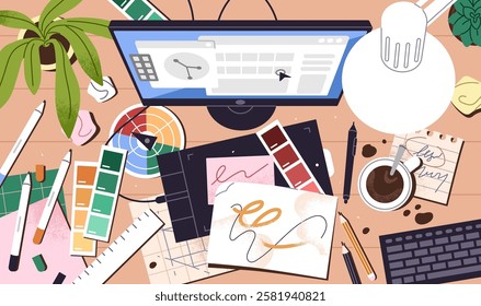 Dirty workplace of artist top view. Messy computer table with creative disorder. Clutter on desk: cup, drawing stationeries, color palettes. Painters' workspace organization. Flat vector illustration