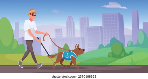 Disabilities characters. Domestic dogs assistants to blind persons exact vector cartoon background