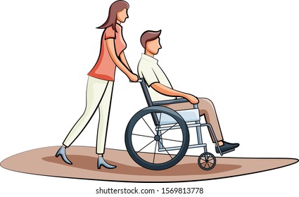Disabilities day. Man use wheelchairs. Disabled man are assisted and helped by his girl. Caring each other. Character hand drawn style design.