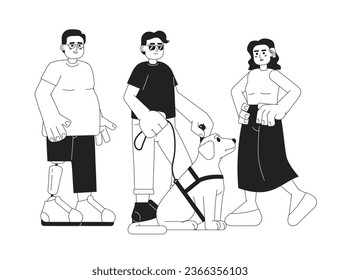 Disabilities diversity black and white cartoon flat illustration. Blind man with guide dog, man prosthetic leg, hearing aid woman linear 2D characters isolated. Monochromatic scene vector image