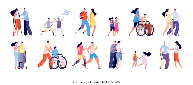 Disabilities and friends. Disablement person lifestyle, handicap man in wheelchair. Handicapped relationships, social adaptation vector set