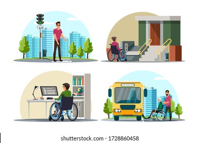 Disabilities People Scene. Blind Pedestrian Crosses Crosswalk. Handicapped Person In Wheelchair Working In Office, Ramp In House And Bus. Accessible City Environment. Vector Illustrations