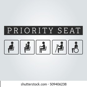 Disabilities and seniors- people living with disabilities- pregnant- mom or mother with child area sign set. Priority seating for customers- special place icons on background. Vector illustration flat style