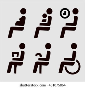 Disabilities and seniors, pregnant, with child, and waiting area sign set.
Priority seating for customersn,special place icons