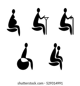 Disabilities and seniors, pregnant, with child, and waiting area sign set.Priority seating for customers, special place icons isolated on background. Vector illustration flat style.