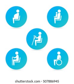 Disabilities and seniors, pregnant, mom or mother with child area sign set. Priority seating for customers, special place icons. Vector illustration flat style