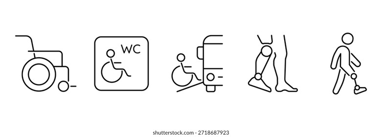 Conjunto de iconos de acceso para discapacitados, servicio de equipos para sillas de ruedas, letrero de inodoro accesible, transporte en rampa de autobús, ilustración de movilidad de piernas protésicas.