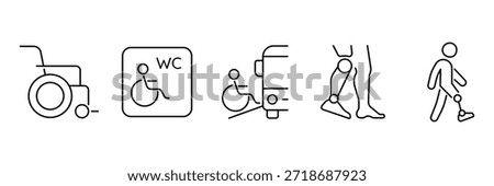 Disability access icon set, wheelchair equipment service, accessible toilet WC sign, bus ramp transport, prosthetic leg mobility illustration.