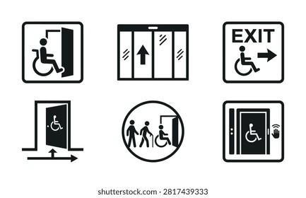 Disability access icons for wheelchair users and exit.