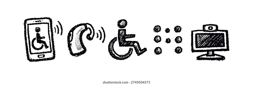 Iconos de Doodle de Tecnología de Discapacidad y Accesibilidad con Smartphone, Audífonos, Braille y Cámara Web