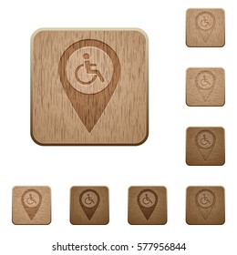 Disability accessibility GPS map location on rounded square carved wooden button styles