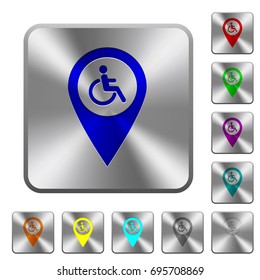Disability accessibility GPS map location engraved icons on rounded square glossy steel buttons