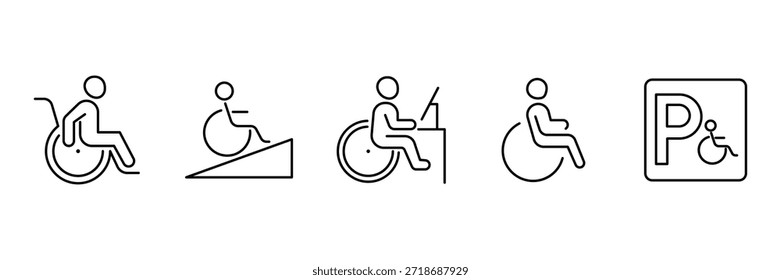 Conjunto de iconos de accesibilidad para discapacitados, independencia del usuario de silla de ruedas, acceso a la rampa de entrada, inclusión del lugar de trabajo de oficina, ilustración de símbolo de estacionamiento reservado.