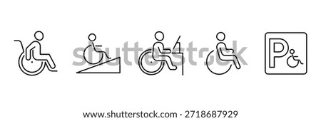 Disability accessibility icon set, wheelchair user independence, ramp entrance access, office workplace inclusion, reserved parking symbol illustration.