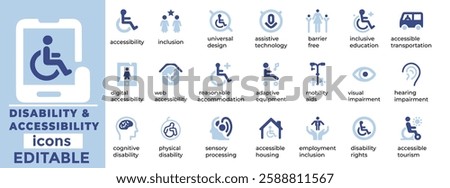 Disability and Accessibility vector icons for inclusive design, mobility aid, and universal access. Fully editable and scalable