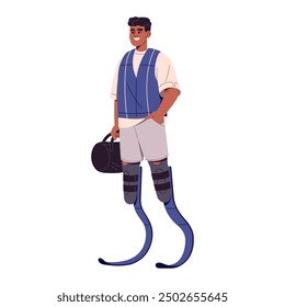 Discapacidad y estilo de vida activo. El tipo negro feliz con las sujeciones de las prótesis de pierna, lleva el bolso del deporte para el gimnasio. Hombre joven con amputación médica de extremidades, pies. Ilustración vectorial aislada plana en blanco