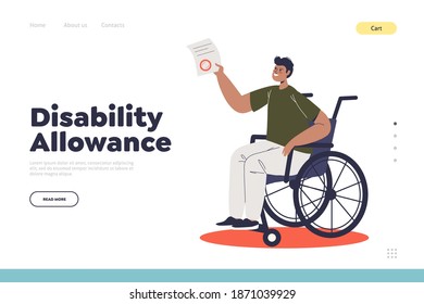 Disability allowance concept of landing page with young man on wheelchair. Cartoon disabled male character on wheel chair need money for compensation and support. Flat vector illustration