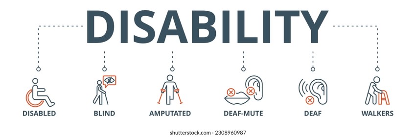 Disability banner web icon vector illustration concept with icon of disabled, blind, amputated, deaf-mute, deaf, walkers