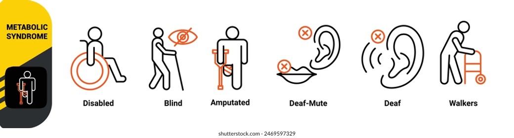 Concepto de Ilustración vectorial del ícono del Web del Anuncio de la discapacidad con el ícono de discapacitado, ciego, amputado, sordo-mudo, sordo, caminantes