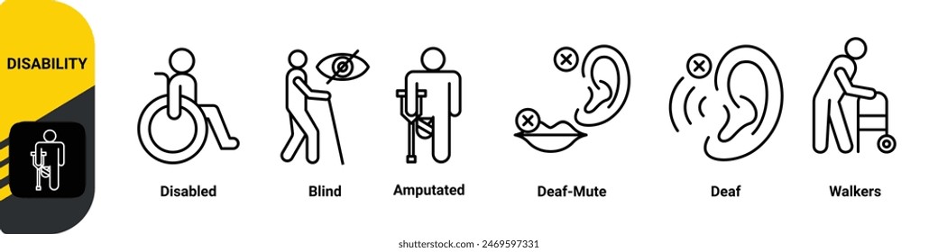 Disability banner web icon vector illustration concept with icon of disabled, blind, amputated, deaf-mute, deaf, walkers