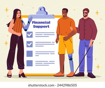 Disability benefit concept. Man and woman with prostheses and stick near financial support document. Health care and treatment, medicine. Cartoon flat vector illustration isolated on beige background