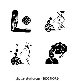 Disability Black Glyph Icons Set On White Space. Muscular Dystrophy. Chronic Genetic Disease. Paralyzed Patient In Wheelchair. Spinal Cord Damage. Silhouette Symbols. Vector Isolated Illustration