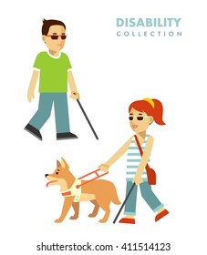 Disability blind person concept. Young disabled blind man and woman with stick and guide dog isolated on white background