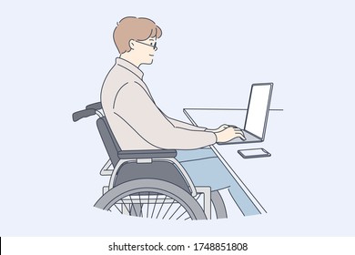 Disability, Business, Freelance, Online Concept. Young Disabled Handicapped Man Clerk Manager Cartoon Character Freelancer In Wheelchair Working In Laptop At Office Or Home. Remote Work On Lockdown.